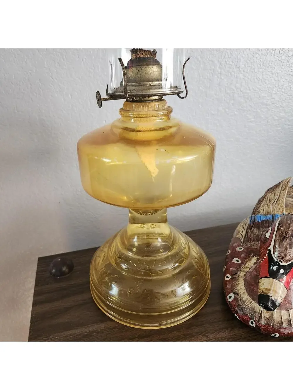Large Vintage Amber Glass Hurricane Oil Lamp Scroll Design Wheat Print Globe